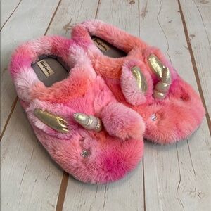 Dearfoams Pink and Orange Tie-Dye Soft Rubber Soled Pink Unicorn Slippers
